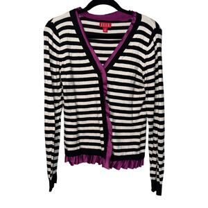 Striped Cardigan Sweater Medium Black‎ White Purple Satin Ruffle Trim Knit y2k